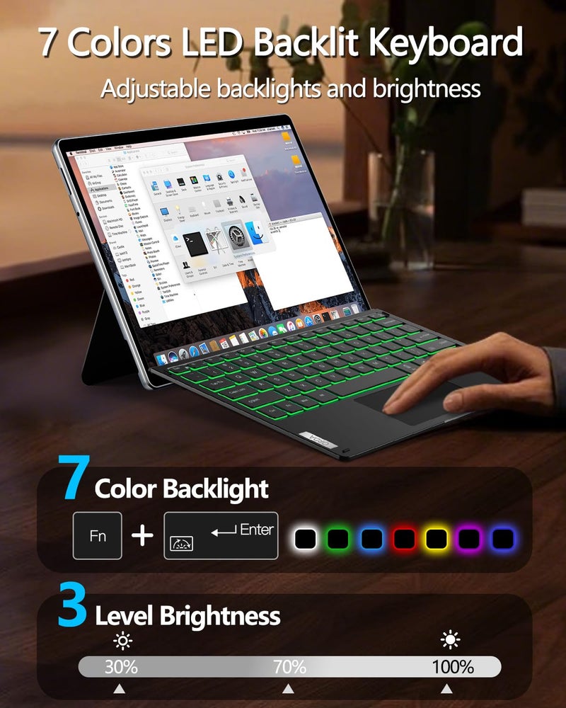 ORDA Surface Pro Keyboard for Pro 7+ / Pro 7 / Pro 6 / Pro 5 / Pro 4 / Pro 3 Type Cover Surface Pro 12.3 inch Keyboard Wireless Bluetooth,Ultra-Slim,Multi-Gestures Trackpad,7-Color Backlit - Image 3