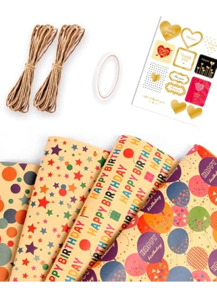 4PCS Birthday Wrapping Paper Set - 4 Sheets 19.69"×27.56" Gift Wrapping Papers with Sticker Cord Tape for Men Women with Happy Birthday for Presents, DIY Crafts Decor - Image 1