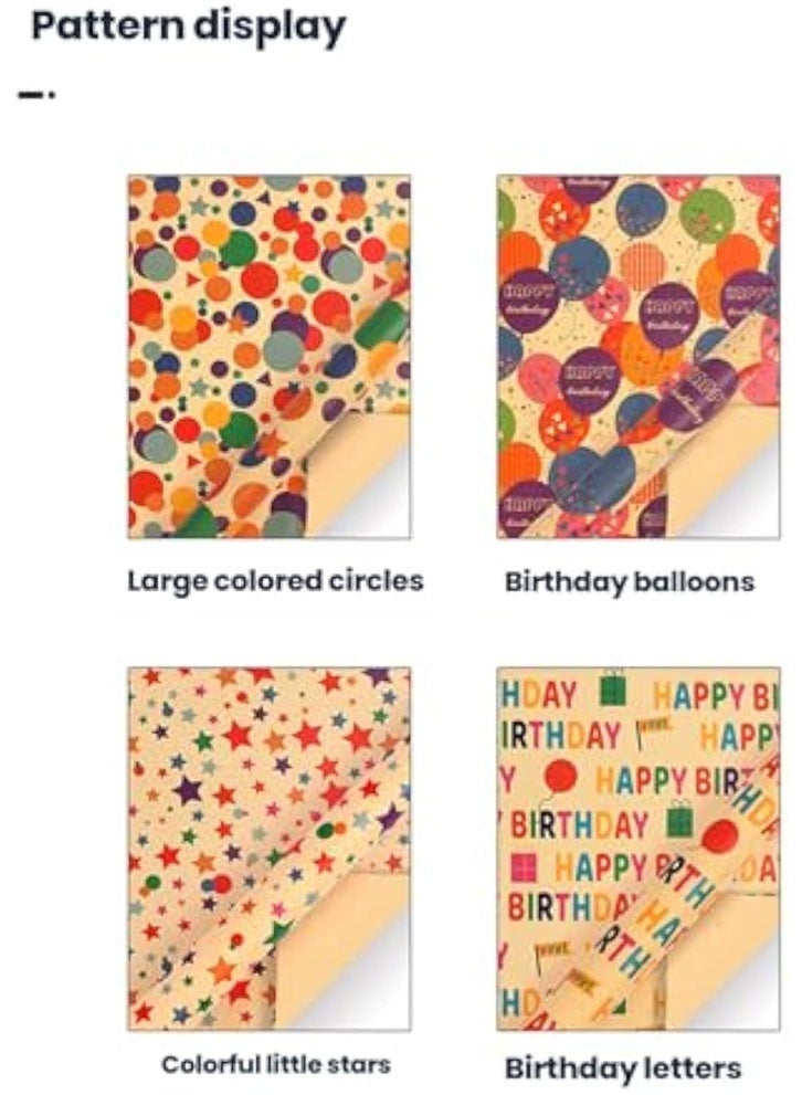 4PCS Birthday Wrapping Paper Set - 4 Sheets 19.69"×27.56" Gift Wrapping Papers with Sticker Cord Tape for Men Women with Happy Birthday for Presents, DIY Crafts Decor - Image 2