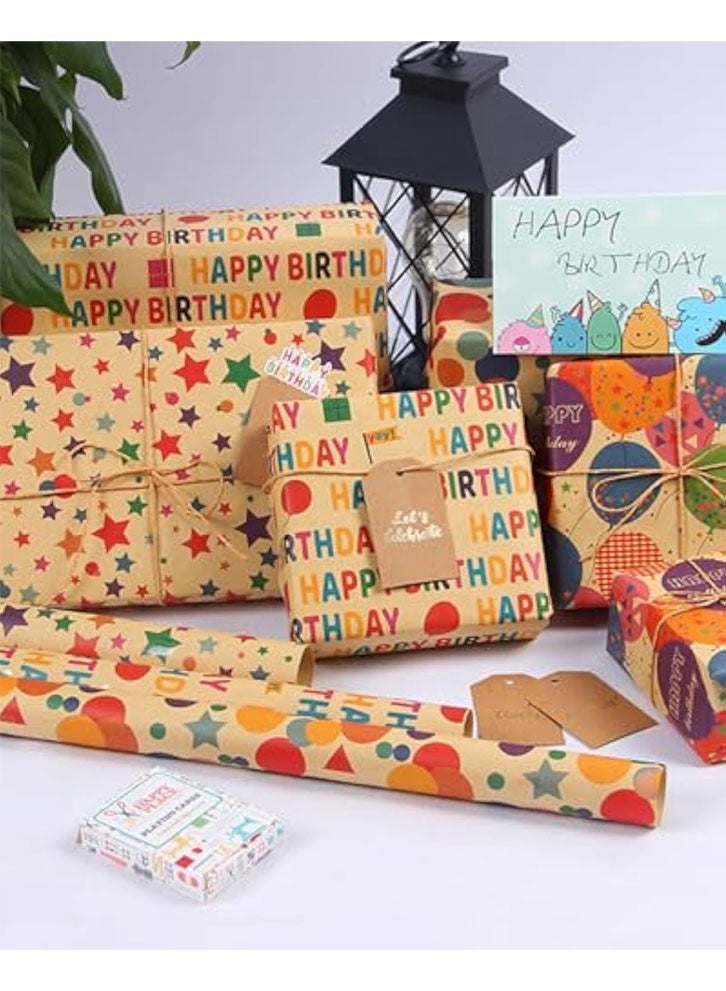 4PCS Birthday Wrapping Paper Set - 4 Sheets 19.69"×27.56" Gift Wrapping Papers with Sticker Cord Tape for Men Women with Happy Birthday for Presents, DIY Crafts Decor - Image 5