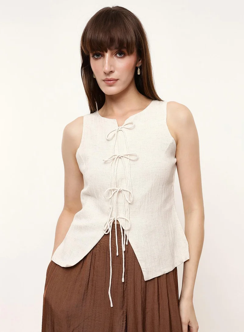 دينيس لينغو Beige Cotton Flex Solid Print Camisole Regular Fit Tops For Women