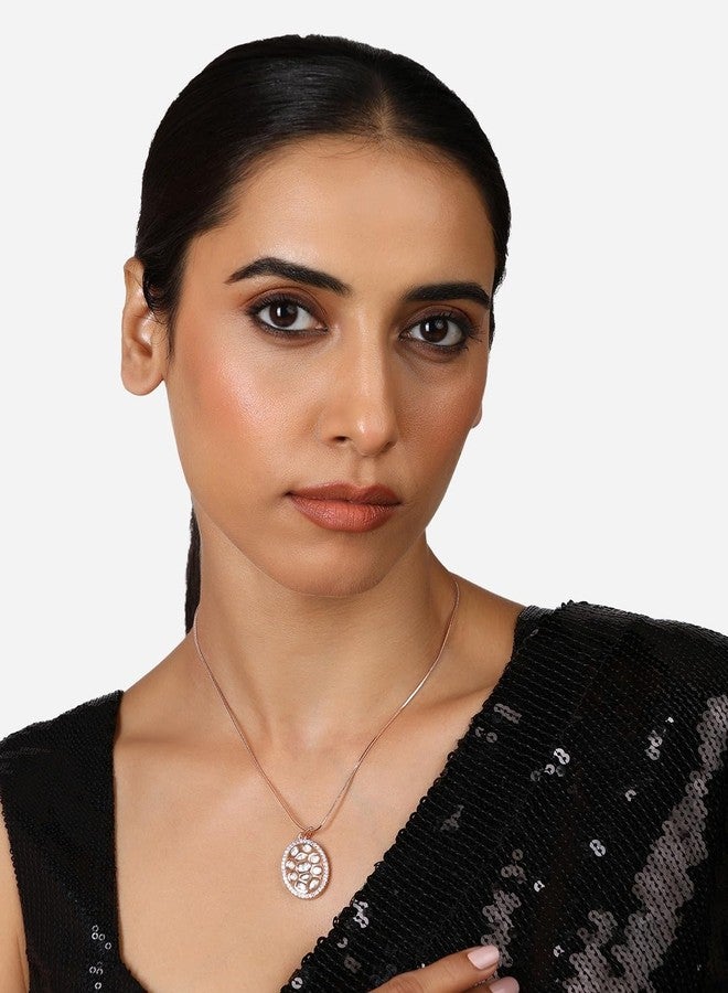 Ami Rose Gold Tone Dazzling Cubic Zirconia Embellished Brass Oval Shape Pendant and Chain For Women-ZPFK20651 - Image 5