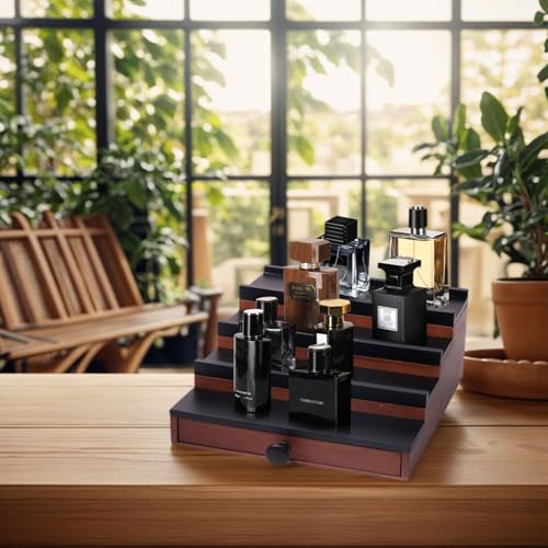Fengligoo Cologne Organizer for Men - 4 Tier Brown Black Wooden Cologne Display Stand with Drawer and Hidden Compartment, Mens Cologne Holder Shelf for Organizing and Storing - Image 3
