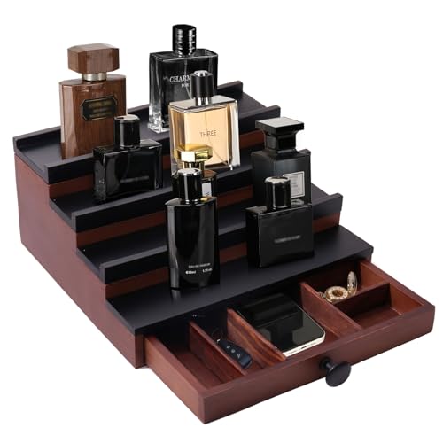 Fengligoo Cologne Organizer for Men - 4 Tier Brown Black Wooden Cologne Display Stand with Drawer and Hidden Compartment, Mens Cologne Holder Shelf for Organizing and Storing - Image 4