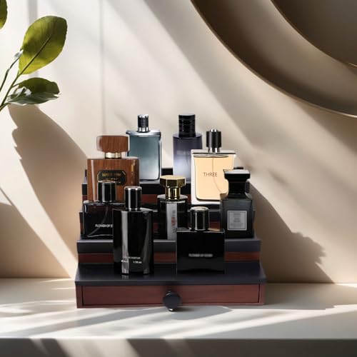 Fengligoo Cologne Organizer for Men - 4 Tier Brown Black Wooden Cologne Display Stand with Drawer and Hidden Compartment, Mens Cologne Holder Shelf for Organizing and Storing - Image 2