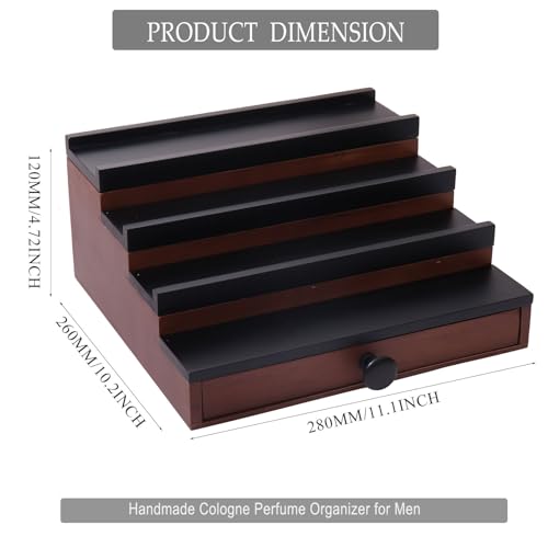 Fengligoo Cologne Organizer for Men - 4 Tier Brown Black Wooden Cologne Display Stand with Drawer and Hidden Compartment, Mens Cologne Holder Shelf for Organizing and Storing - Image 5