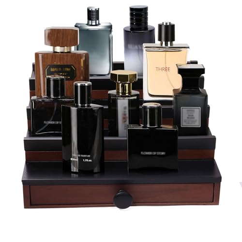 Fengligoo Cologne Organizer for Men - 4 Tier Brown Black Wooden Cologne Display Stand with Drawer and Hidden Compartment, Mens Cologne Holder Shelf for Organizing and Storing - Image 1