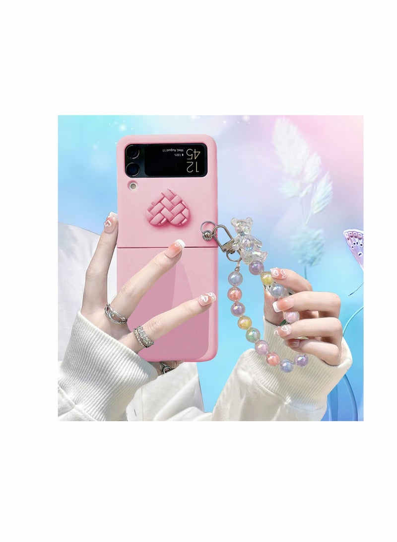 KASTWAVE Case for Samsung Z Flip 4 with Strap, Case with Wrist Strap, Fit for Hard PC Z Flip 4 Phone Case with Heart Bear Anti-Scratch Anti-Fingerprint Protective Case for Samsung Galaxy Z Flip 4 - Pink - Image 2