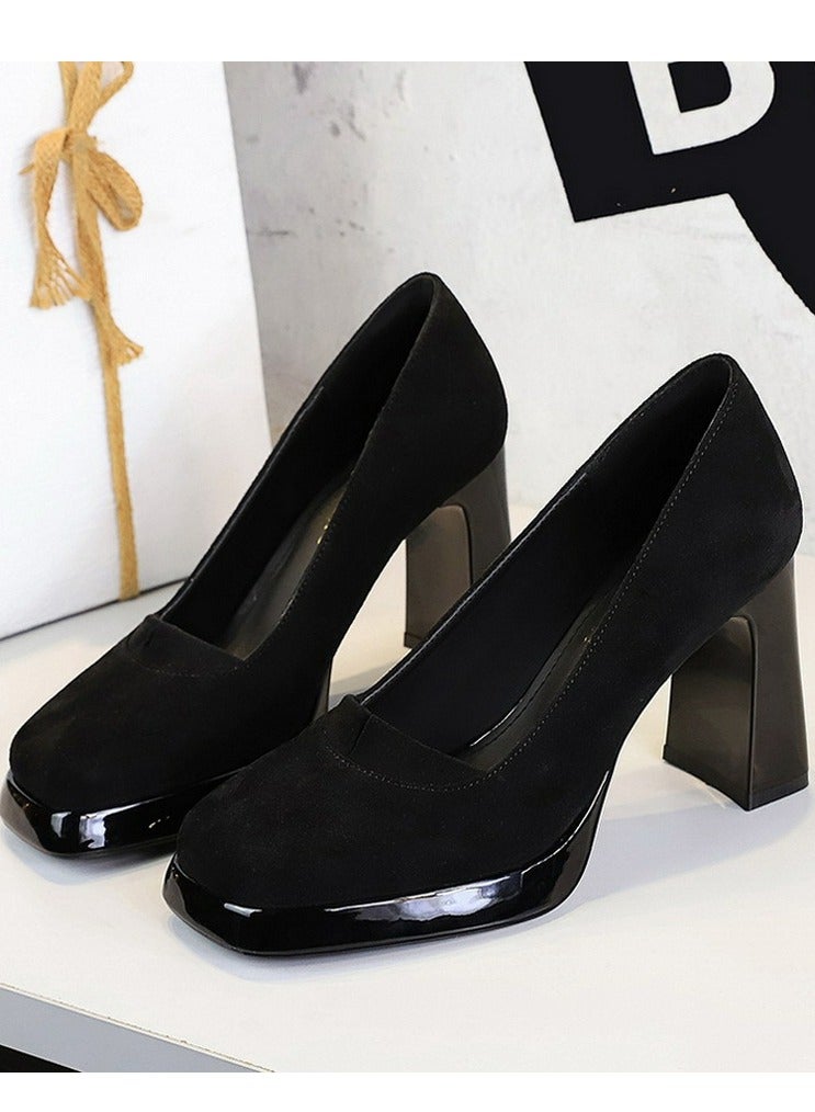 BIGTREE Womens Suede Platform Chunky High Heel Square Closed Toe Pumps Black 9CM - Image 1