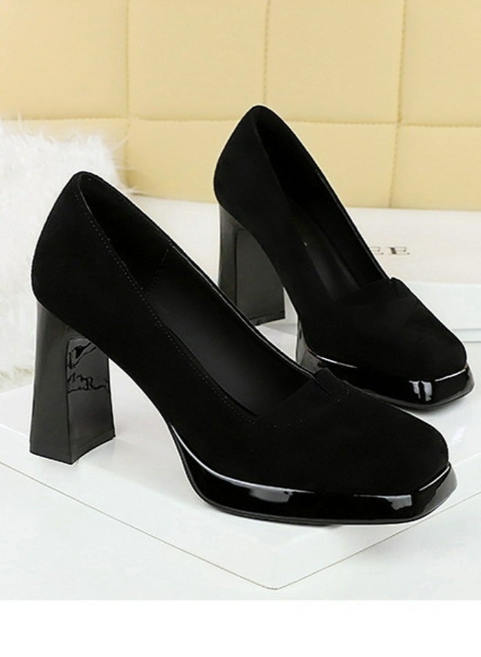 BIGTREE Womens Suede Platform Chunky High Heel Square Closed Toe Pumps Black 9CM - Image 2