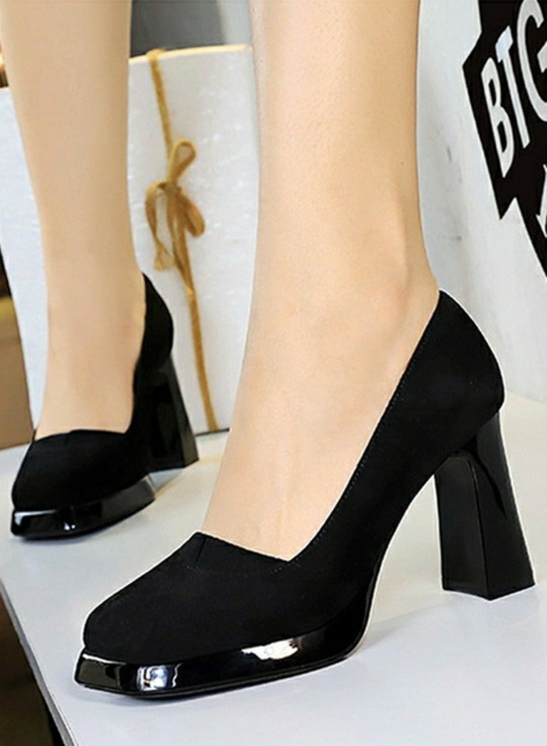 BIGTREE Womens Suede Platform Chunky High Heel Square Closed Toe Pumps Black 9CM - Image 4