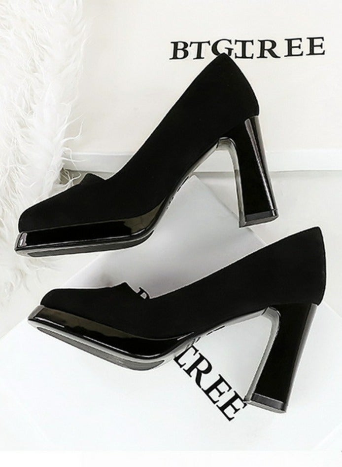 BIGTREE Womens Suede Platform Chunky High Heel Square Closed Toe Pumps Black 9CM - Image 3