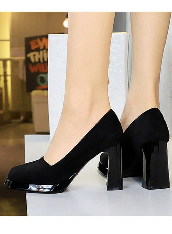 BIGTREE Womens Suede Platform Chunky High Heel Square Closed Toe Pumps Black 9CM - Image 5