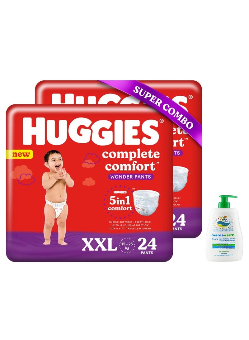 Huggies Complete Comfort Wonder Pants, Double Extra Large (XXL) Size Baby Diaper Pants, Combo Pack of 2, 24 count Per Pack, (48 count) & Mamaearth Deeply nourishing natural baby wash (400 ml, 0-5 Yrs) - Image 1