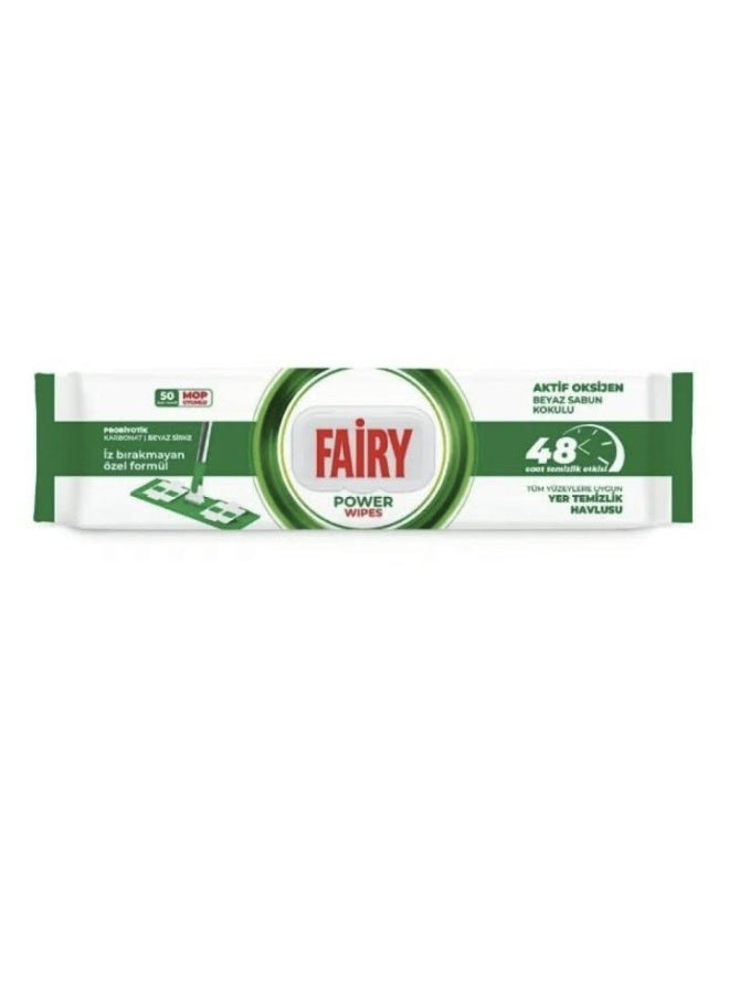 Fairy Power Wipes Mop Compatible Floor Cleaning Towel 50 Sheets | White Soap | White Vinegar & Carbonate | 48 Hours Cleaning Effect | Traceless Formula - Image 1