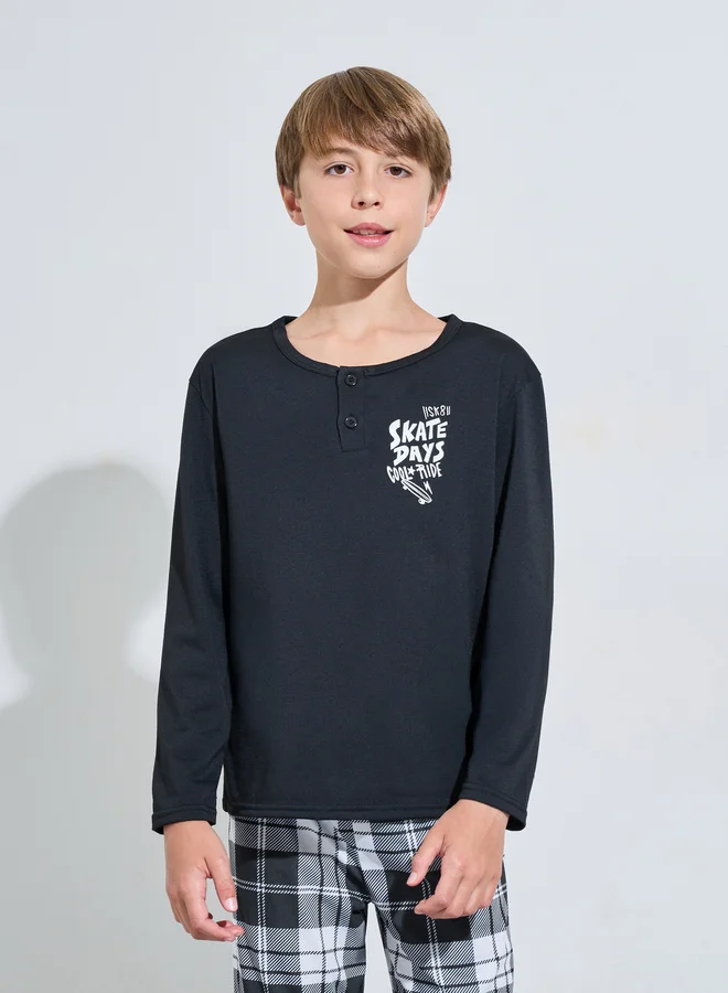 Styli Teen Boys Printed long Sleeves T-Shirt and Checked Pants Pyjama Set