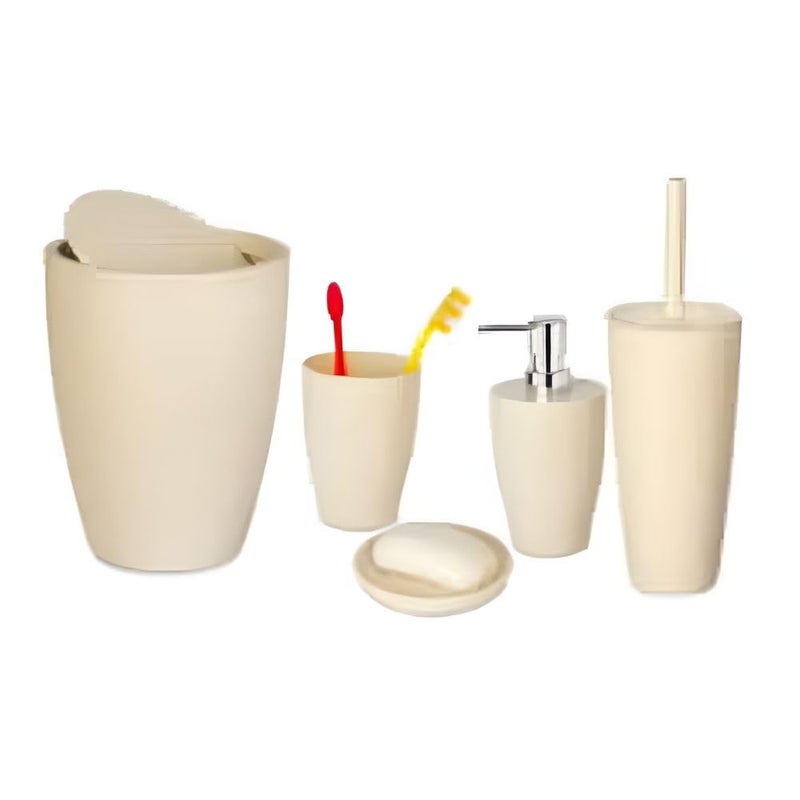 Pure Plastic Bathroom Accessory Set, Consist of 5 Pieces(Basket 7.5 Liter, Soap Dispenser, Soap Holder, Toilet Brush, Toothbrush Holder) (Beige) - Image 1