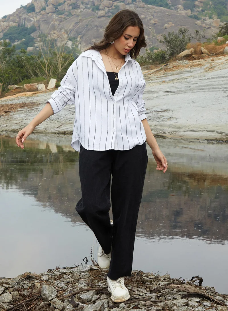 Pinacolada  Women's Daisy White Woven Stripe Oversized Shirt for Women | Best Price UAE