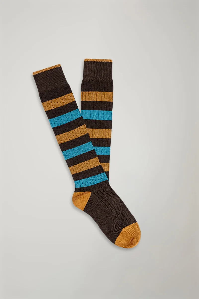 دوبل غانغر Men's long socks in wide rib knit regimental pattern made in Italy - Brown