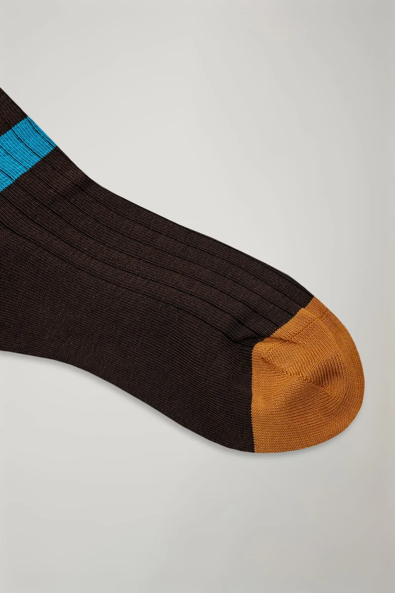 دوبل غانغر Men's long socks in wide rib knit regimental pattern made in Italy - Brown