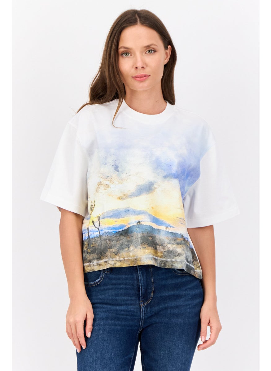 ESPRIT Women Crew Neck Short Sleeves Graphic Crop Top, White  - Image 1