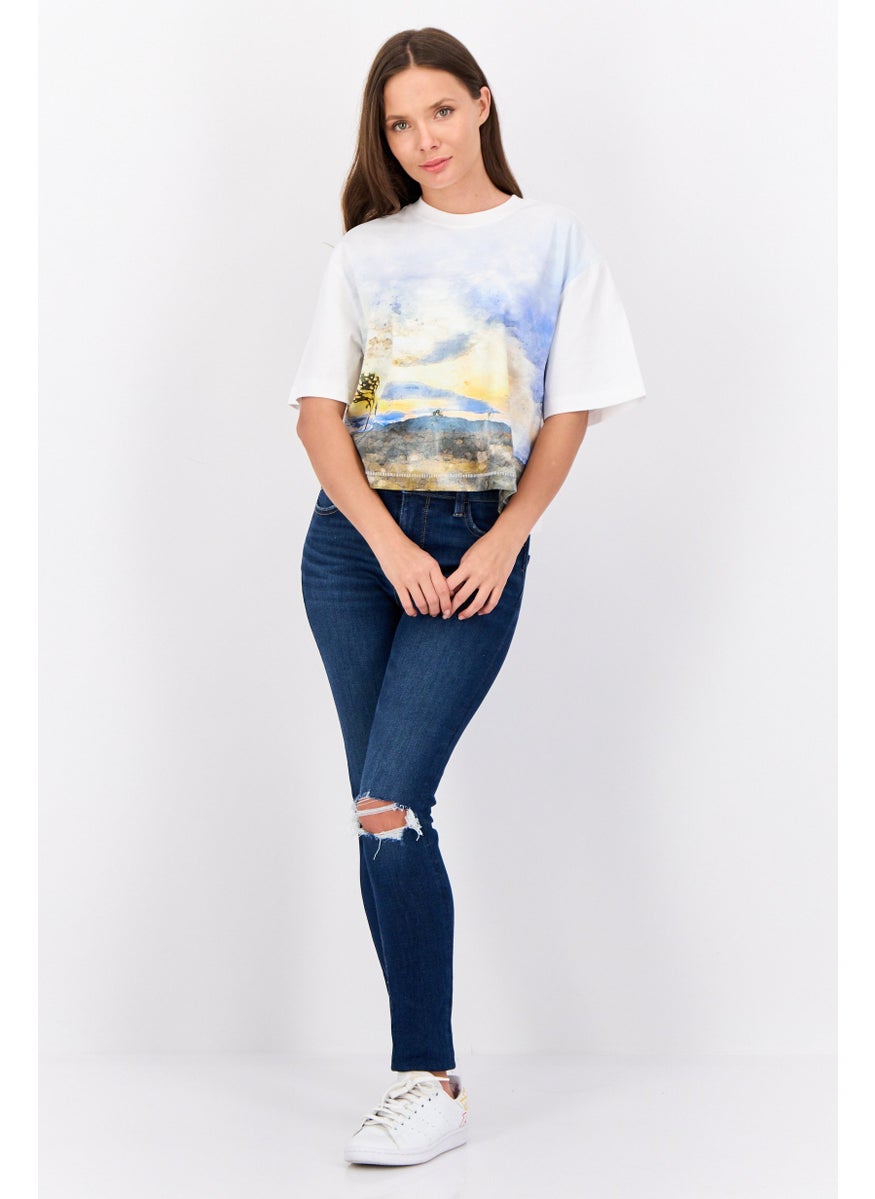 ESPRIT Women Crew Neck Short Sleeves Graphic Crop Top, White  - Image 2