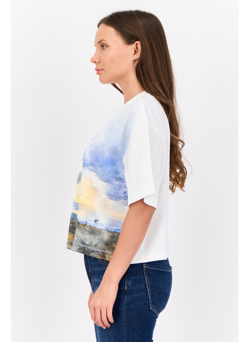 ESPRIT Women Crew Neck Short Sleeves Graphic Crop Top, White  - Image 4
