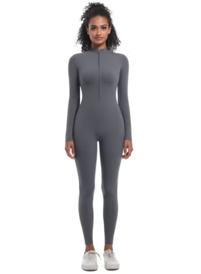 RedMapleTEK European And American Half-Zip Tight Solid Color High Elastic Long Yoga Suit Fitness Running Sports Jumpsuit - Image 1