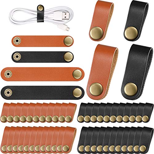 Weewooday 52 Pieces PU Leather Cable Straps, Earbud Cord Organizer, PU Leather Handmade Portable USB Cord Holder, Earphone Cable Tie Cable Management, for Travel, Home, School, Office (Black, Brown) - Image 1