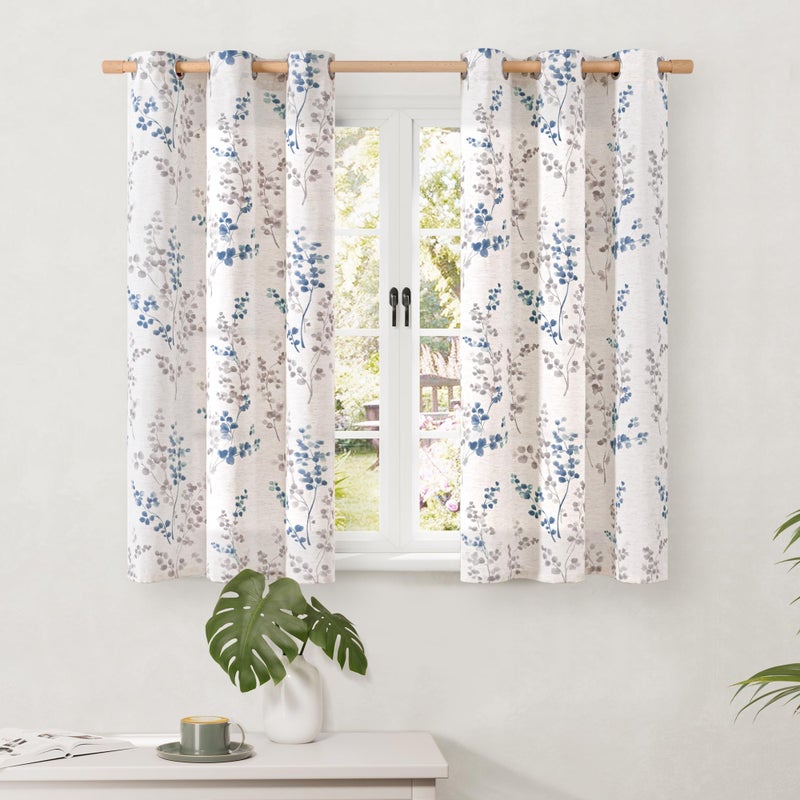 BGment Short Linen Curtains for Small Window 45 Inch Length 2 Panels, Boho Light Filtering Privacy Curtains for Farmhouse Bedroom Basement Bathroom, Cottage Leaf Design, Each 42 Inch Wide, Navy - Image 1