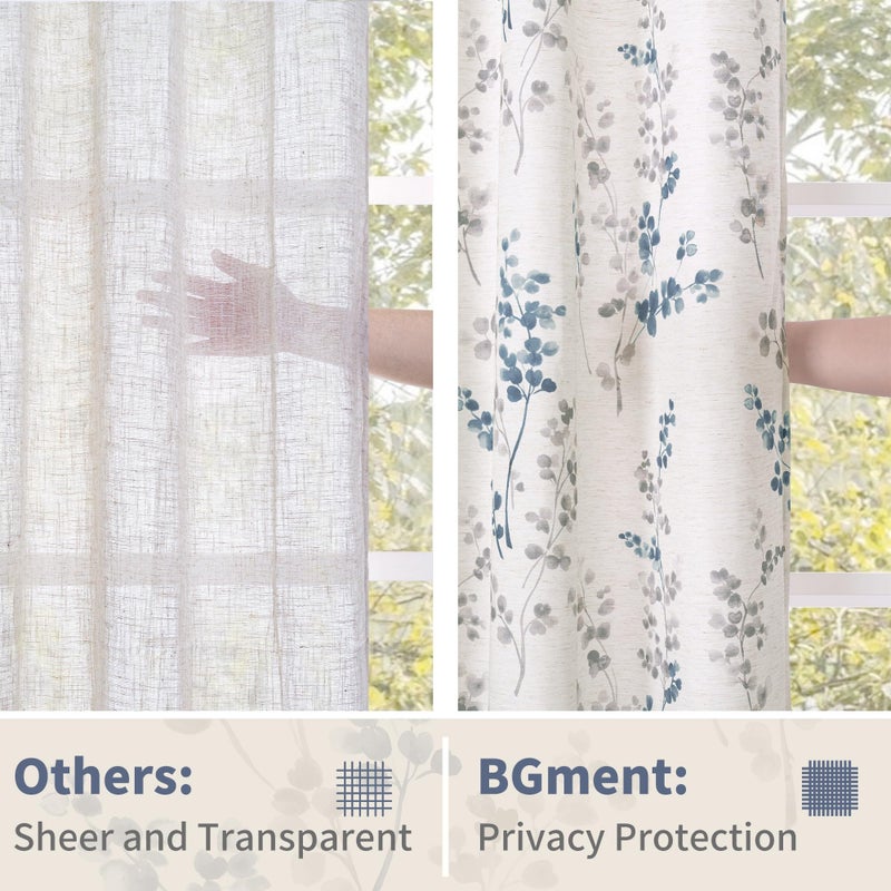 BGment Short Linen Curtains for Small Window 45 Inch Length 2 Panels, Boho Light Filtering Privacy Curtains for Farmhouse Bedroom Basement Bathroom, Cottage Leaf Design, Each 42 Inch Wide, Navy - Image 5