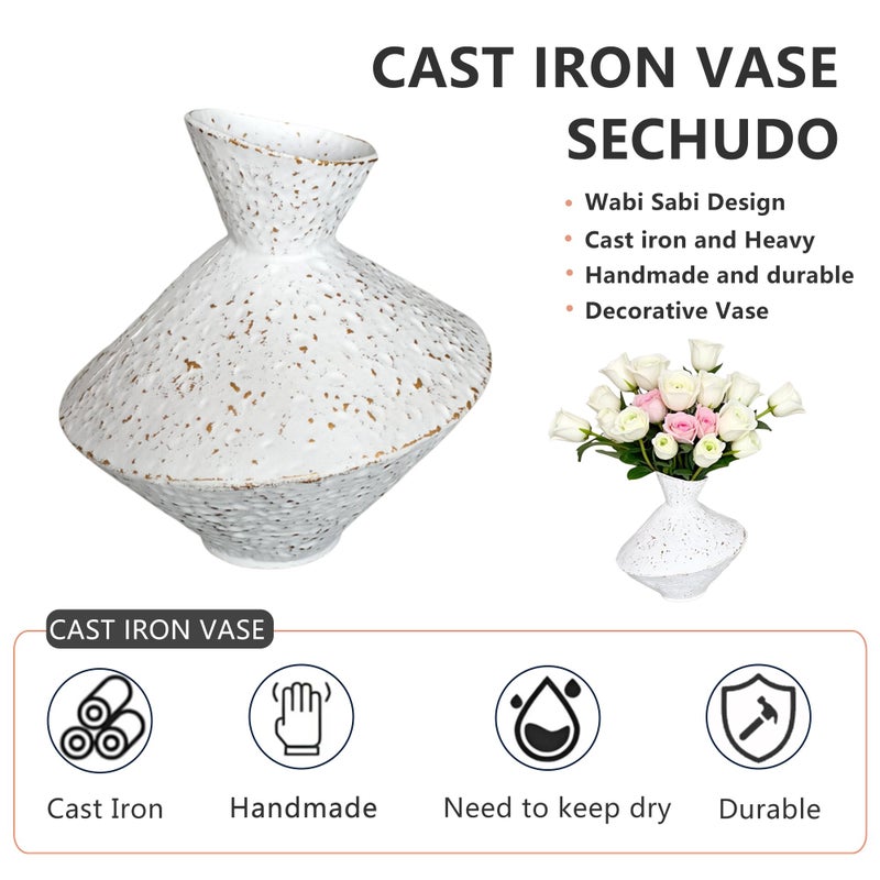 SECHUDO Cast Iron Decorative Vase, Dried Flower Rustic Vases, Wabi Sabi Vase for Modern Home Decor, Living Room, Shelf Decor, Enterway, Wedding, Office, Table, Bedroom, Kitchen, 8.86" H (White) - Image 5