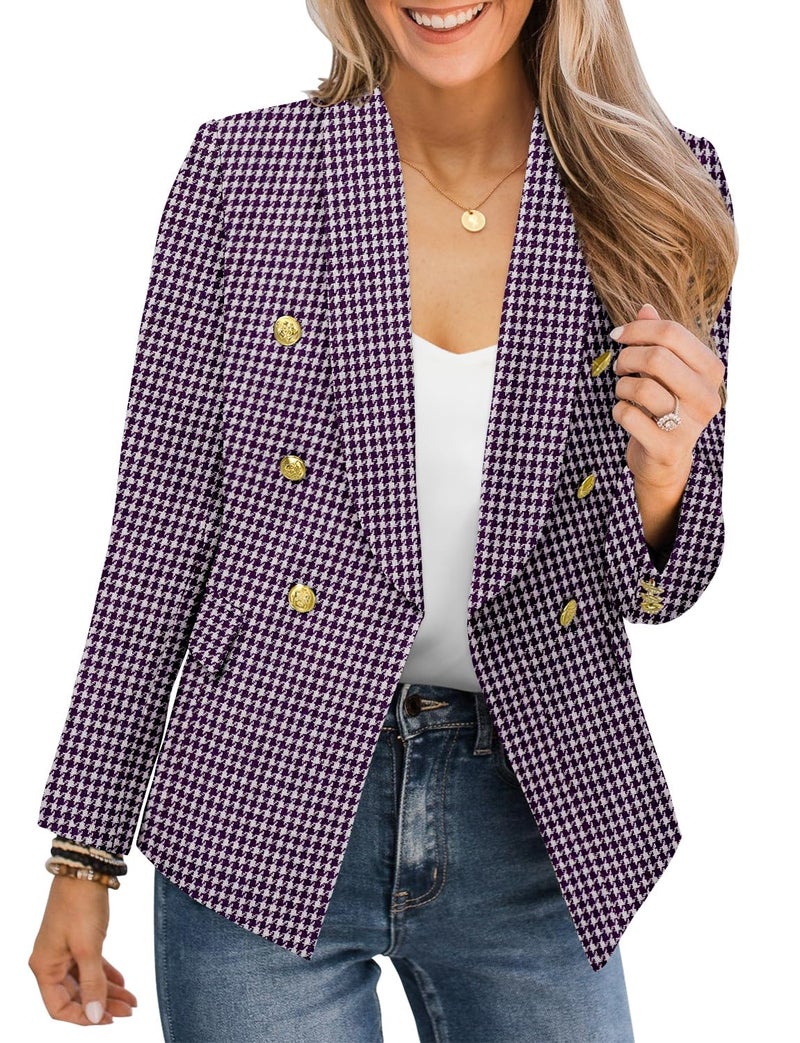 CRAZY GRID Women Work Casual Blazer Double Breasted Fashion Fit Blazer Jackets Lapel Gold Buttons Business Suit Jacket XL Purple Plaid - Image 1