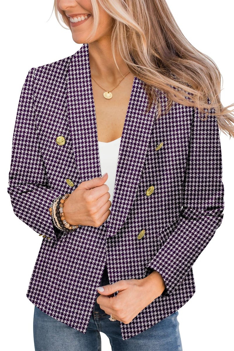 CRAZY GRID Women Work Casual Blazer Double Breasted Fashion Fit Blazer Jackets Lapel Gold Buttons Business Suit Jacket XL Purple Plaid - Image 2