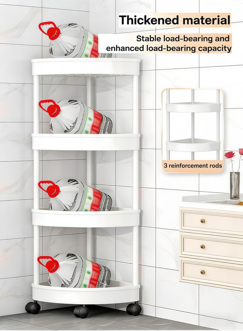 رف زاوية بأربعة أرفف، وحدة تخزين زاوية للاستحمام بأربع عجلات، عربة تخزين بأربعة أرفف، منظم أرضي مقاوم للصدأ للاستحمام، رف زاوية مثلث الشكل بعجلات، رف زاوية مقاوم للماء للاستحمام، عربة تخزين متعددة الوظائف مثالية للتخزين والتنظيم، للحمام والمطبخ والشرفة وغرفة المعيشة (أبيض) - Image 5