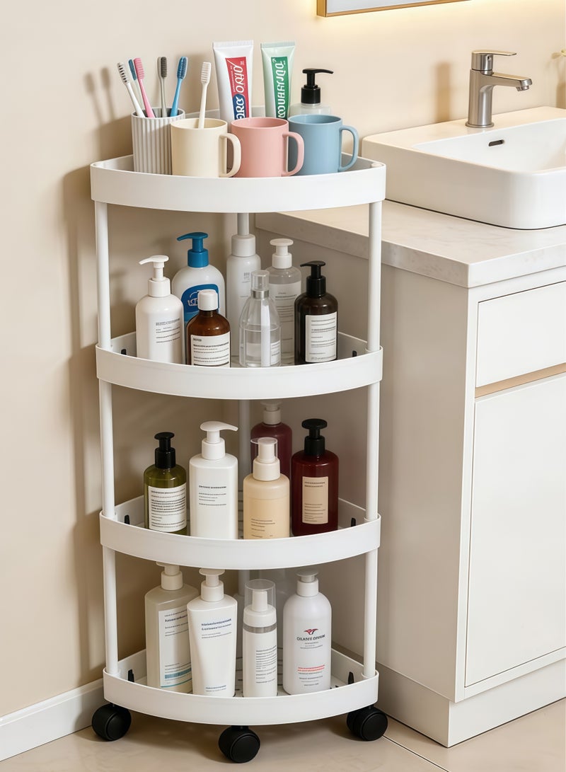 رف زاوية بأربعة أرفف، وحدة تخزين زاوية للاستحمام بأربع عجلات، عربة تخزين بأربعة أرفف، منظم أرضي مقاوم للصدأ للاستحمام، رف زاوية مثلث الشكل بعجلات، رف زاوية مقاوم للماء للاستحمام، عربة تخزين متعددة الوظائف مثالية للتخزين والتنظيم، للحمام والمطبخ والشرفة وغرفة المعيشة (أبيض) - Image 1
