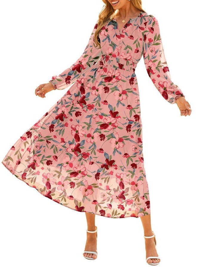 SIMPLEE Women's Floral Boho Long Sleeve Maxi Dress V Neck Empire Waist Swing Flowy Wedding Guest Dress, Pink Floral, XL - Image 2