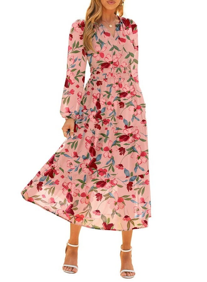 SIMPLEE Women's Floral Boho Long Sleeve Maxi Dress V Neck Empire Waist Swing Flowy Wedding Guest Dress, Pink Floral, XL - Image 1