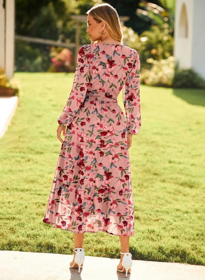 SIMPLEE Women's Floral Boho Long Sleeve Maxi Dress V Neck Empire Waist Swing Flowy Wedding Guest Dress, Pink Floral, XL - Image 4