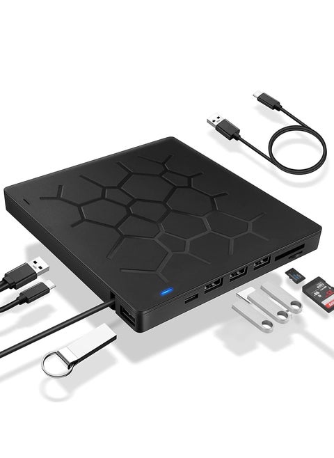 External DVD Drive, USB 3.0 CD DVD Burner for Laptop, Type-C CD/DVD ROM +/-RW Optical Disk Drive with 4 USB Ports and 2 SD Card Slots, Ultra Slim, for Mac, PC Windows 11/10/8/7 Linux OS