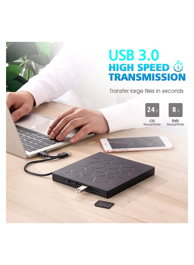 Generic - External DVD Drive, USB 3.0 CD DVD Burner for Laptop, Type-C CD/DVD ROM +/-RW Optical Disk Drive with 4 USB Ports and 2 SD Card Slots, Ultra Slim, for Mac, PC Windows 11/10/8/7 Linux OS - Image 1