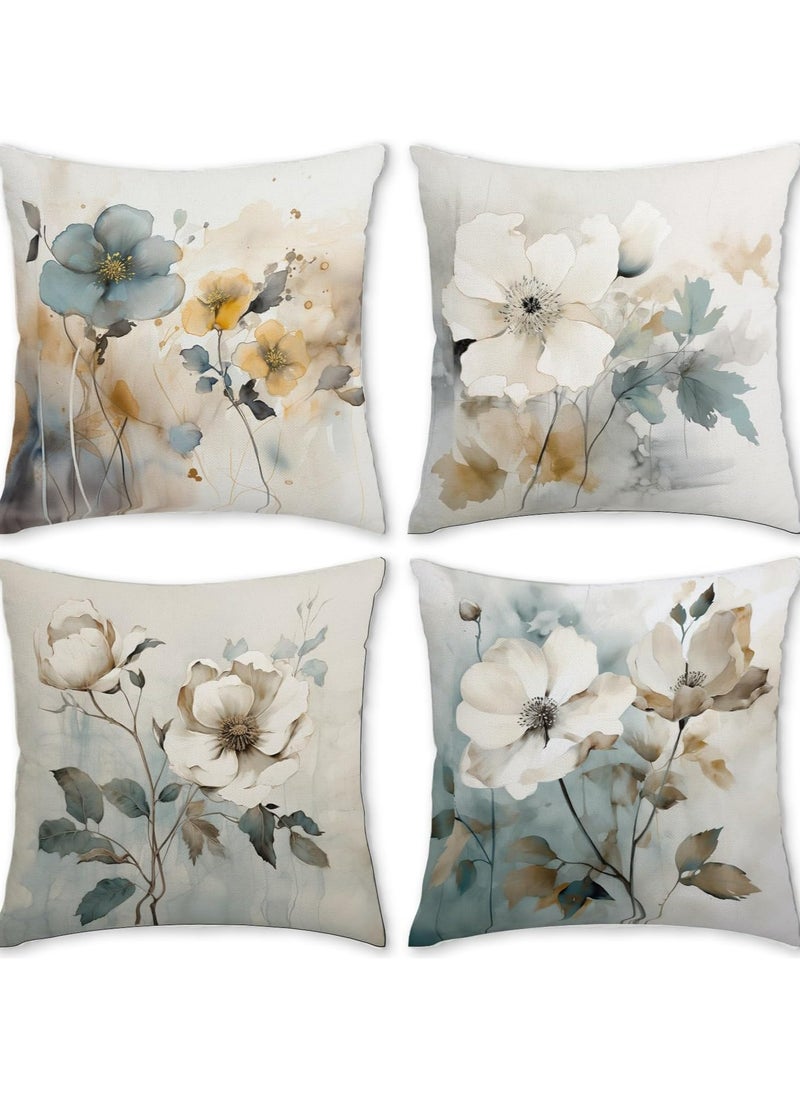 CMGTYYD Flowers Throw Pillow Covers 18x18 inch Set of 4,Ink Painting Flowers Pillow Cushion Cases, Modern Decorative Square Pillowcases for Sofa  - Image 1