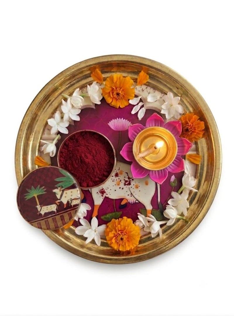 Brass Pooja Thali Set with Lotus Diya & Kumkum Holder - Image 1