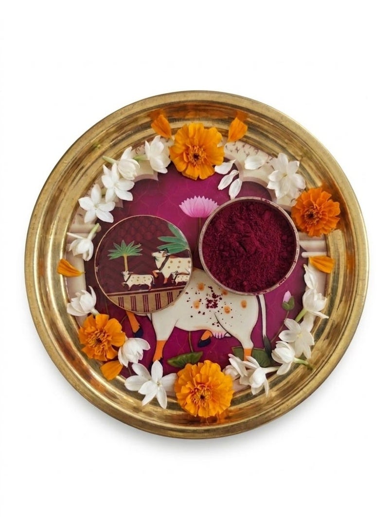 Brass Pooja Thali Set with Lotus Diya & Kumkum Holder - Image 2