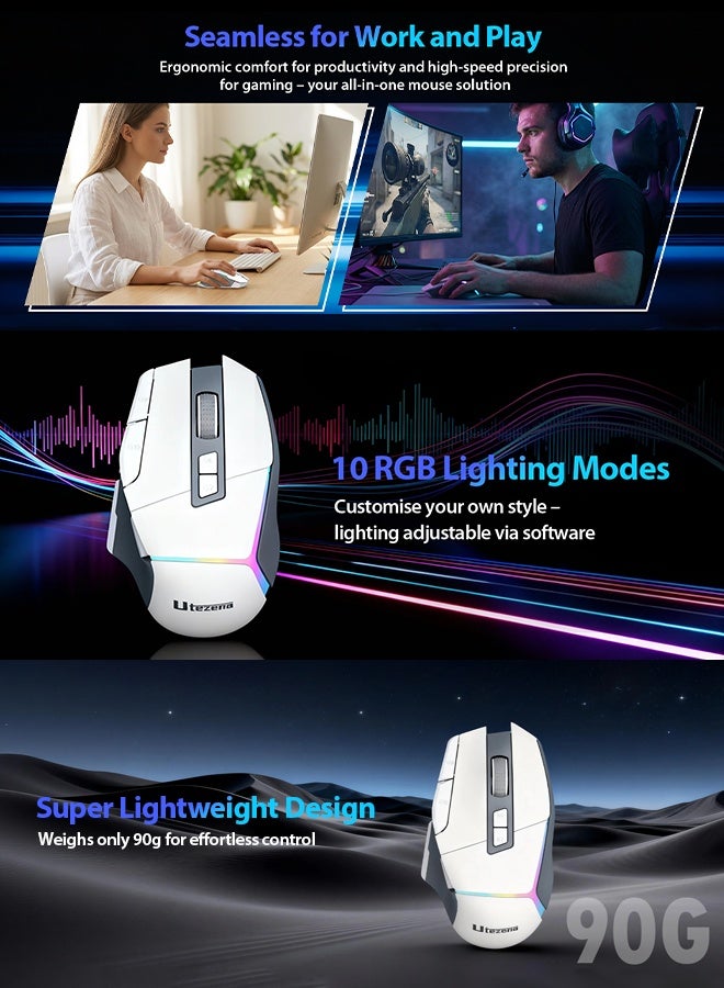 Utezena Gaming Mouse Wireless High Performance Ergonomic Design 10 Programmable Buttons 6 DPI Levels Up to 24000 Optical Sensor RGB Lighting Superlight Anti Slip BT 2.4Ghz Wired for PC MAC Daily Use - Image 2