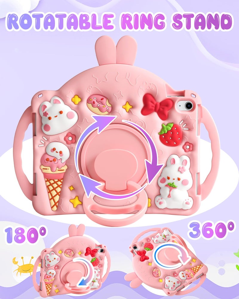 Wazzasoft for iPad A16 Case/10th Generation Case - Kids Girls Cute Girly Protective Silicone Rabbit Tablet Cover for iPad 11th 11" 2025/10.9inch 2022 with Shoulder Strap & Rotating Kickstand & Handle - Image 3