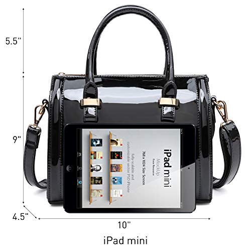 DASEIN Shiny Patent Faux Leather Handbags Barrel Top Handle Purse Satchel Bag Shoulder Bag for Women(Black) - Image 4
