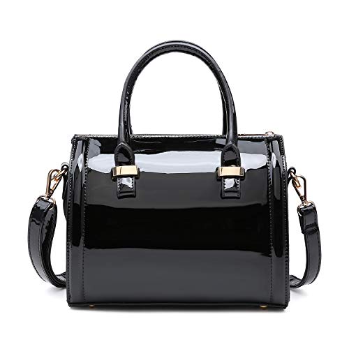 DASEIN Shiny Patent Faux Leather Handbags Barrel Top Handle Purse Satchel Bag Shoulder Bag for Women(Black) - Image 1