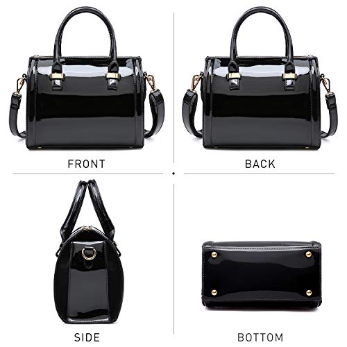 DASEIN Shiny Patent Faux Leather Handbags Barrel Top Handle Purse Satchel Bag Shoulder Bag for Women(Black) - Image 3