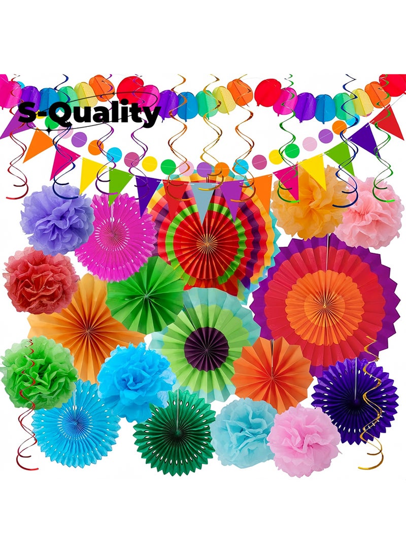 S-Quality Fiesta Party Decorations Set – 33PCS Colorful Hanging Paper Fans, Rainbow Pom Poms, Fiesta Bunting & Streamers for Birthday and Festival Parties - Image 1